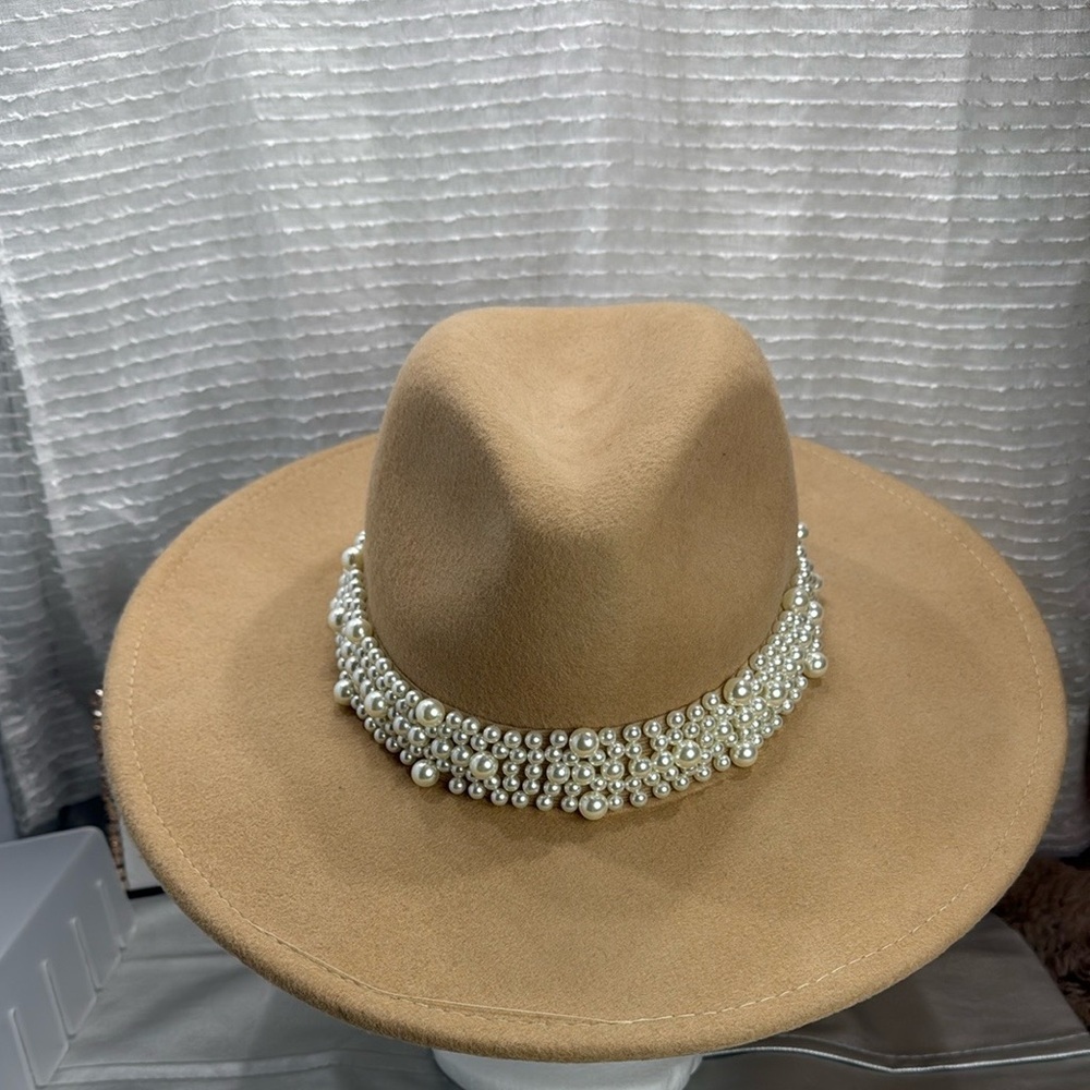 100% wool scoop fedora with a round neckTan beige hat with pearl trim One size
